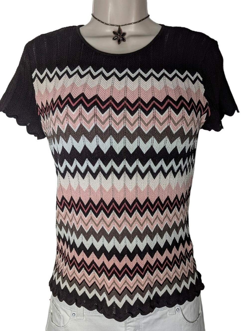 Vintage Kasper Y2K Zigzag Chevron Knit Top Short Sleeve Scalloped Hem PS